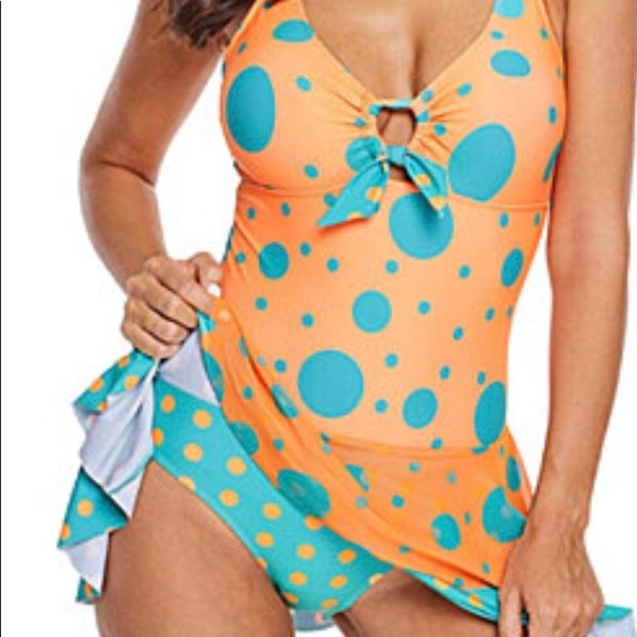 Teal & Orange Polka Dot One-Piece Swim Dress - Size Medium - Picture 3 of 9